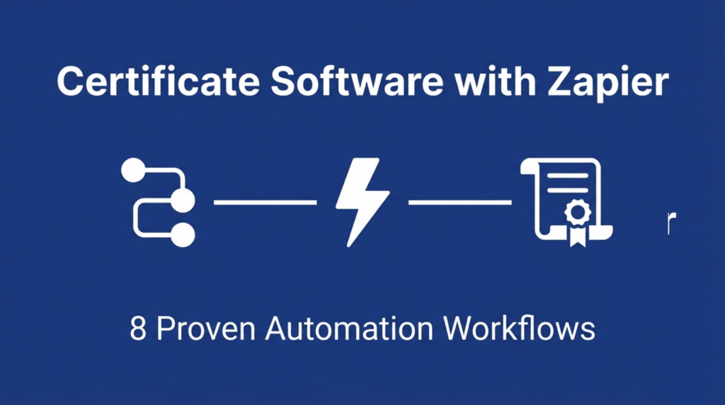 Certificate software with Zapier automation workflows showing trigger events, data mapping, certificate generation, and automated delivery processes