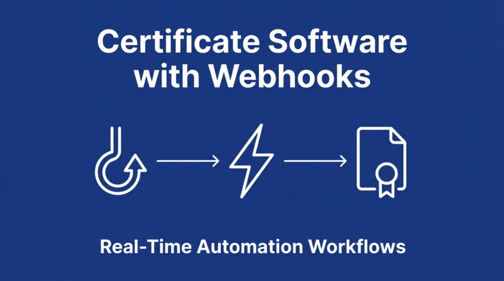 Certificate software with webhooks real-time automation showing event-driven HTTP callbacks, instant triggers, and automated credential generation workflows