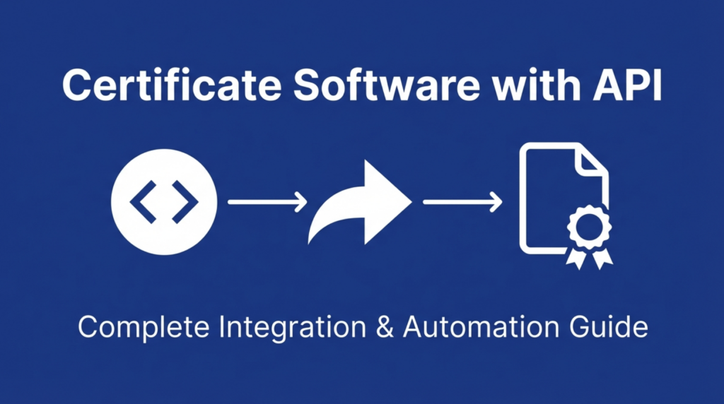 Illustration showing API integration for certificate software with connected API, certificate, and automation icons on a blue background, representing automated certificate generation workflows.