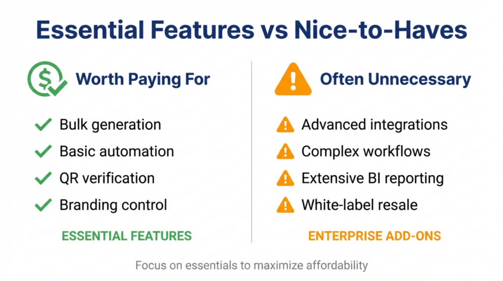 Affordable certificate software cost versus features comparison showing essential capabilities like bulk generation and verification versus unnecessary enterprise add-ons for SMBs