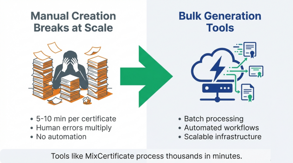 Bulk certificate generation tools overview showing automated workflow from data to delivery