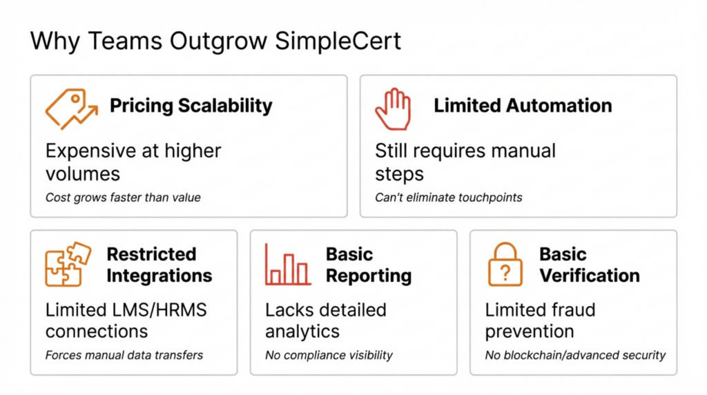 SimpleCert alternatives address feature gaps: automation, integrations, and reporting limitations 