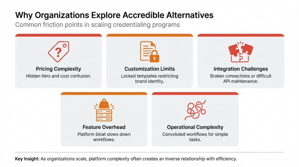 Accredible alternatives address pricing complexity and customization limitations for growing teams