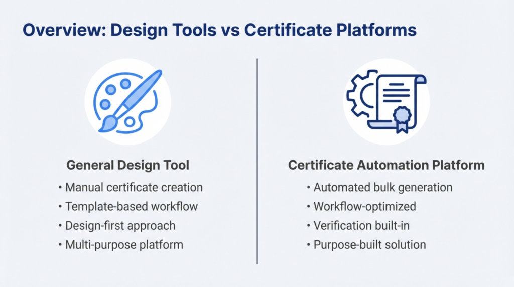 Workflow comparison showing manual Canva process versus automated Mixcertificate generation