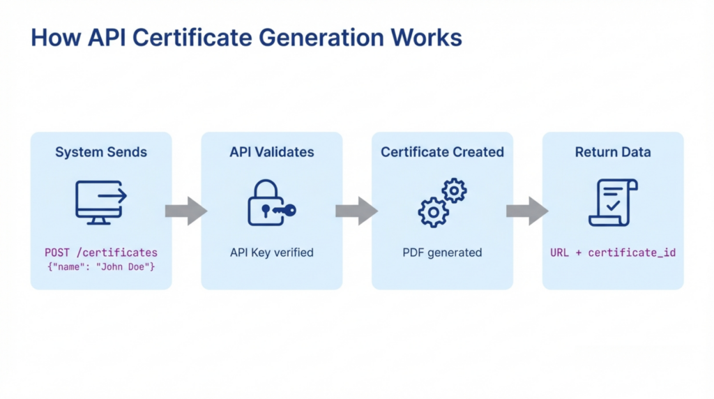 Step-by-step API workflow diagram showing certificate generation from API request, authentication, processing, and response with certificate URL and ID.