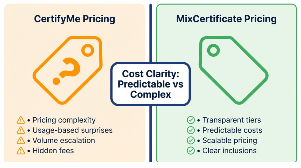 CertifyMe versus MixCertificate cost comparison showing pricing complexity, scaling issues, and transparent pricing benefits when you switch from CertifyMe to MixCertificate