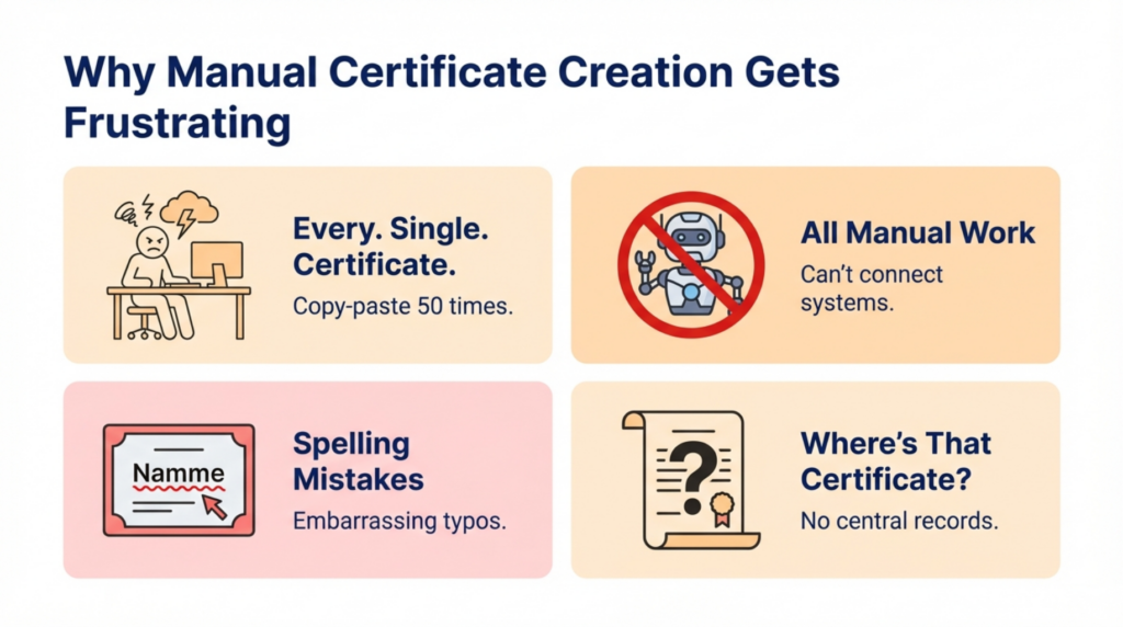 Google Docs manual certificate creation limitations showing repetitive editing, no automation, high error risk, and absent tracking for small teams