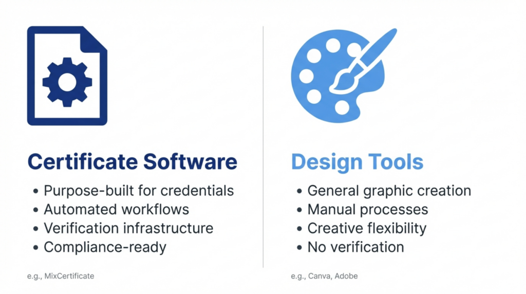 Certificate software vs design tools definition comparison for training programs

