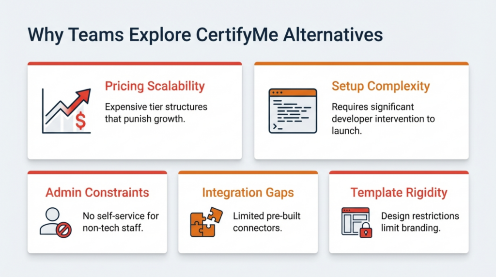 Visual highlighting CertifyMe limitations including pricing challenges, setup complexity, developer dependency, and restricted admin flexibility