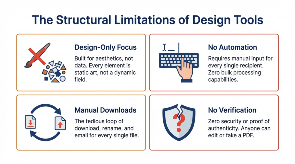 Manual certificate pain points with Canva: errors, time waste, and no tracking