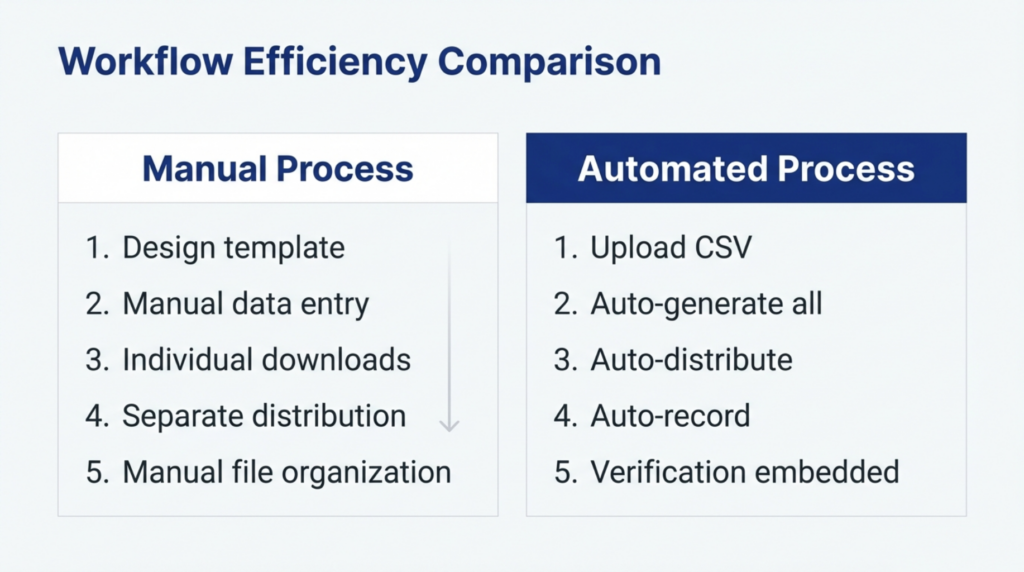 MixCertificate vs Adobe Express comparison table showing manual versus automated workflows