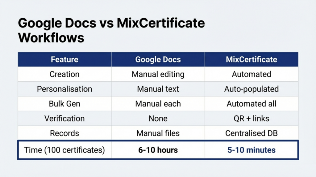 MixCertificate vs Google Docs comparison table showing manual versus automated workflows