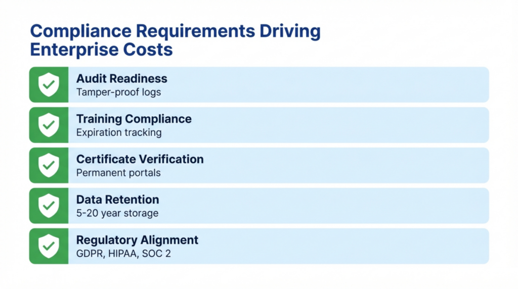 Enterprise certificate software cost compliance requirements including audit trails, verification systems, and regulatory alignment features