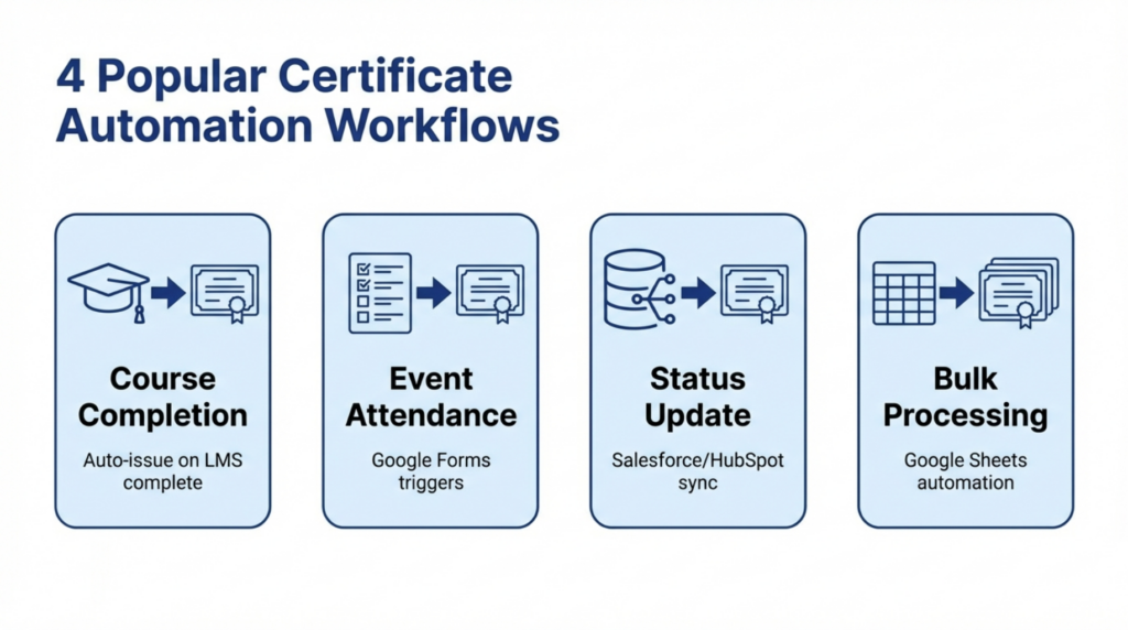 Zapier certificate workflow diagram showing four-step automation process from trigger event to certificate delivery using certificate software with Zapier integration