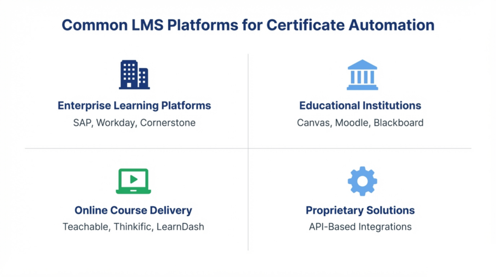 Corporate LMS, academic platforms, and online course systems for certificate automation
