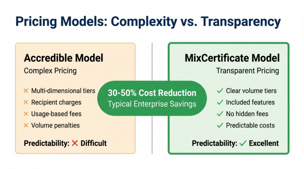 Accredible versus MixCertificate pricing comparison showing complex tiered structures versus transparent pricing when enterprises switch from Accredible to MixCertificate