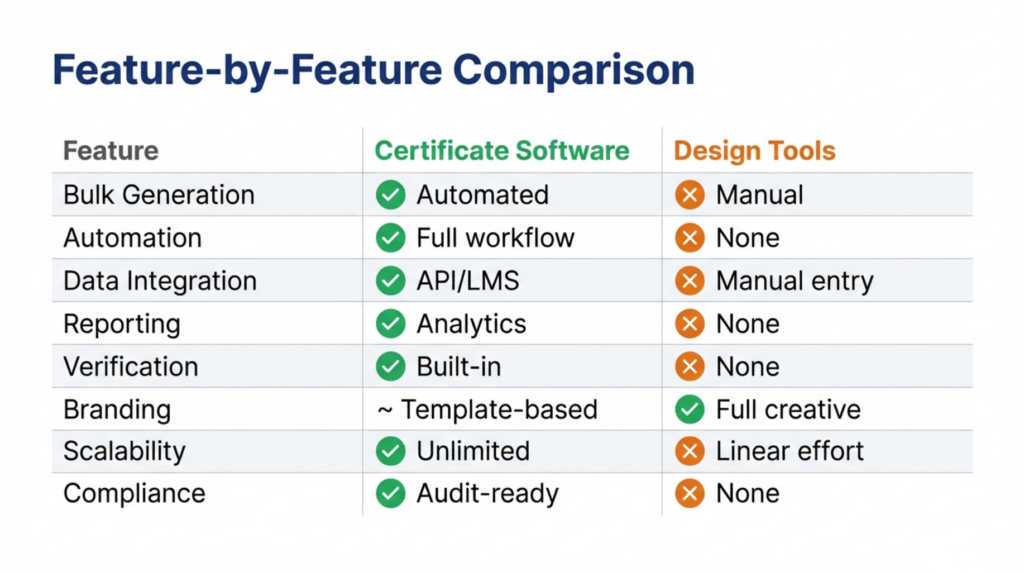 Feature-by-feature comparison table: certificate software vs design tools