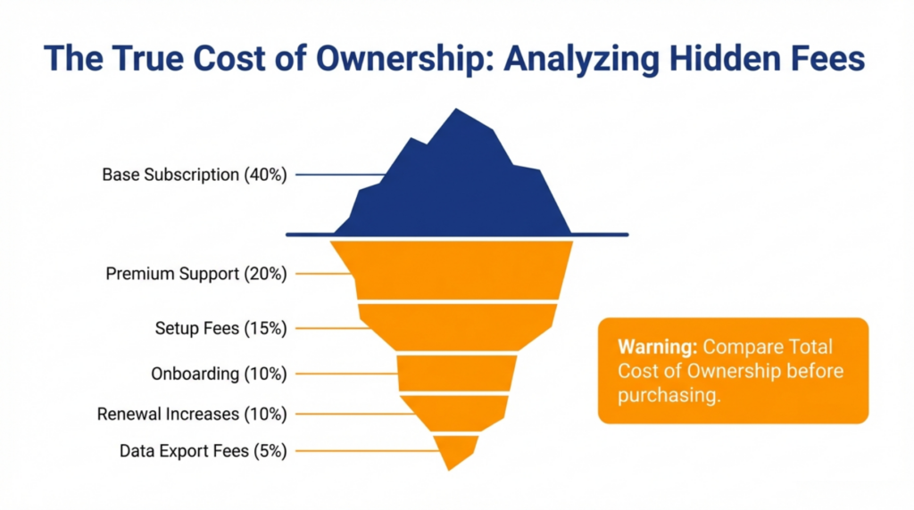 Hidden costs in certificate software pricing comparison showing base subscription at 40% versus 60% hidden fees including setup, support, onboarding, and renewal increases