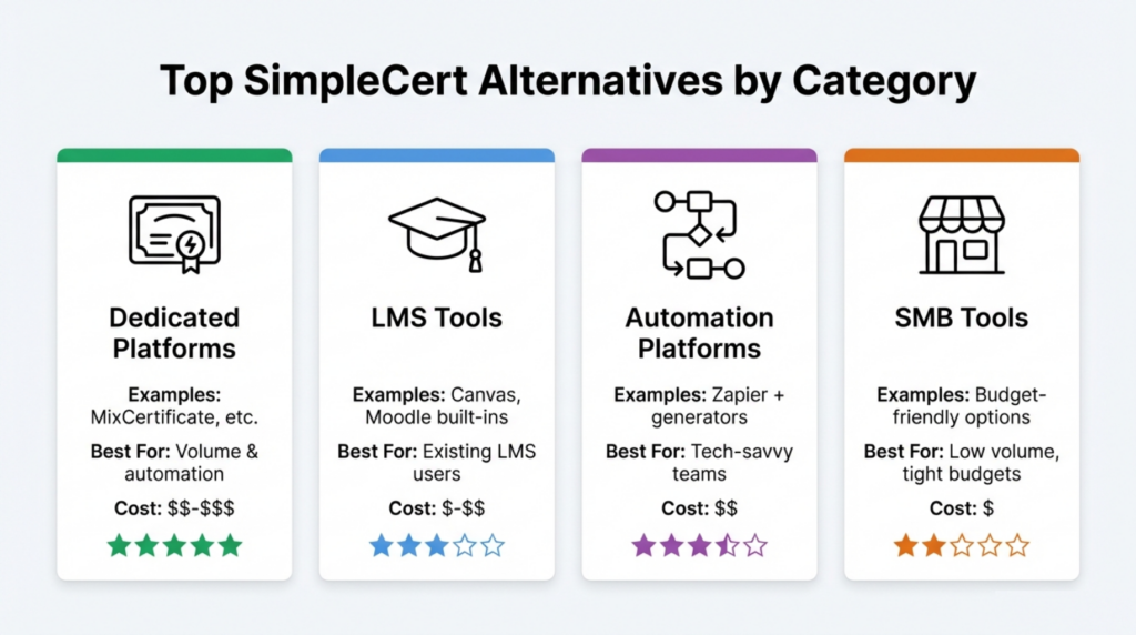 SimpleCert alternatives comparison: dedicated platforms, LMS tools, and automation options 
