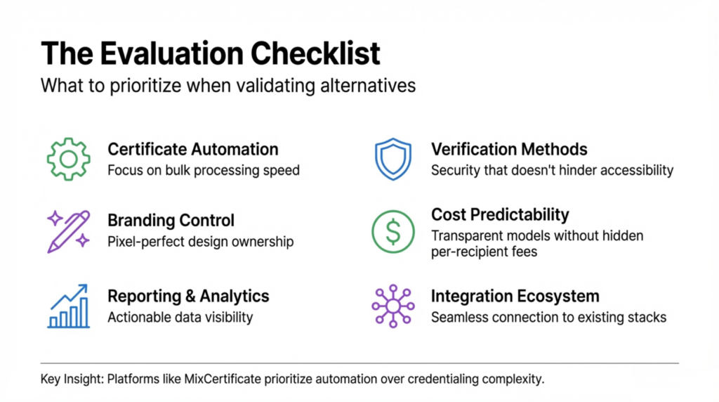 Key features to evaluate when comparing Accredible alternatives for enterprise credentialing