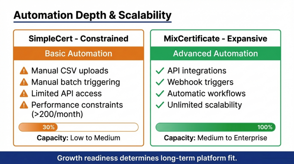 Automation depth comparison: MixCertificate vs SimpleCert scalability