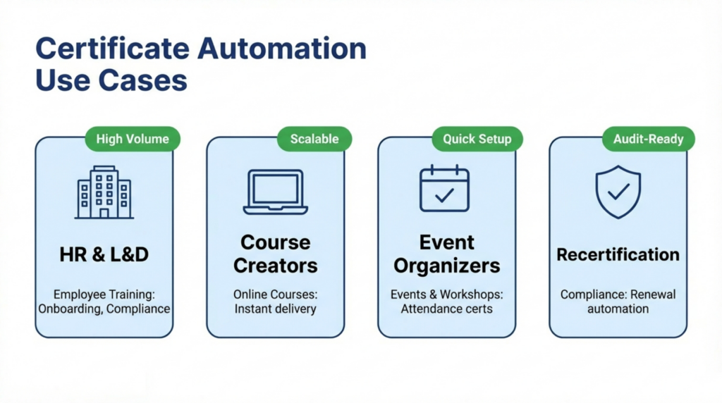 Certificate software with Zapier use cases for employee training, online courses, events workshops, and compliance recertification automation
