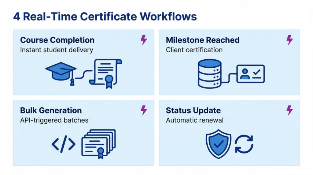 Common certificate software with webhooks workflows including LMS course completion, CRM milestone updates, custom application bulk generation, and compliance recertification automation