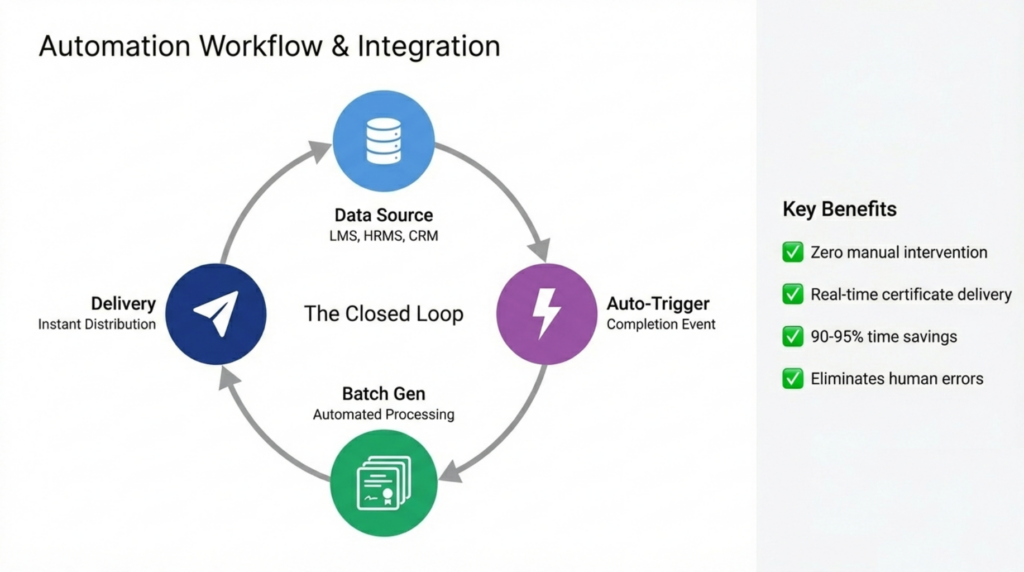 Automated bulk certificate generation workflow showing LMS integration and delivery