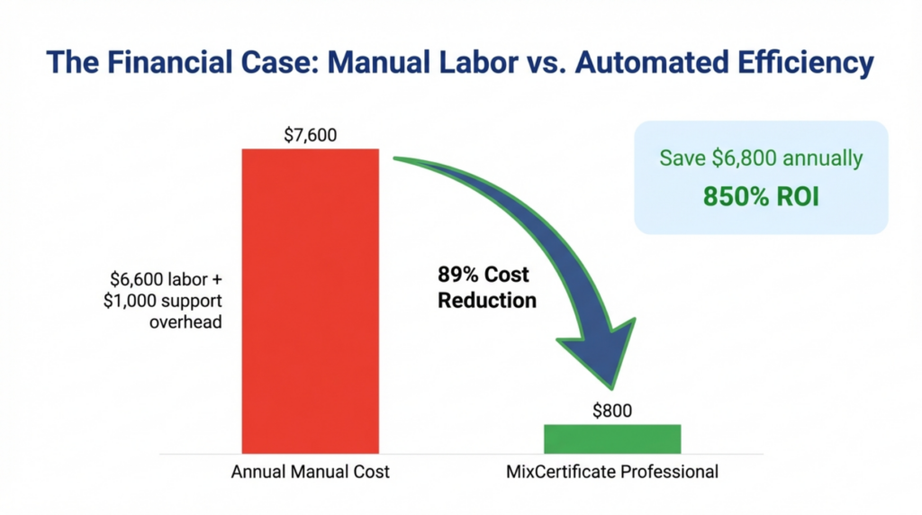 Executive summary comparing automated certificate software pricing at $800 versus manual processing at $7,600 with 850% ROI recommendations for efficiency, budget, and scale