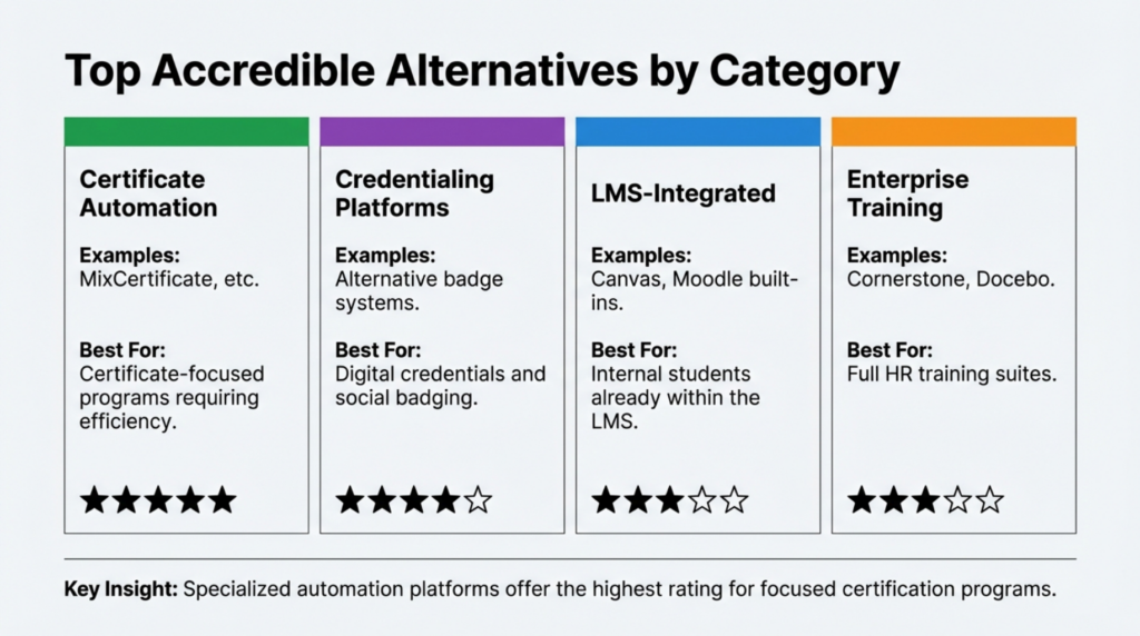 Comparison chart showing certificate automation platforms, credentialing platforms, LMS solutions, and enterprise training systems as Accredible alternatives