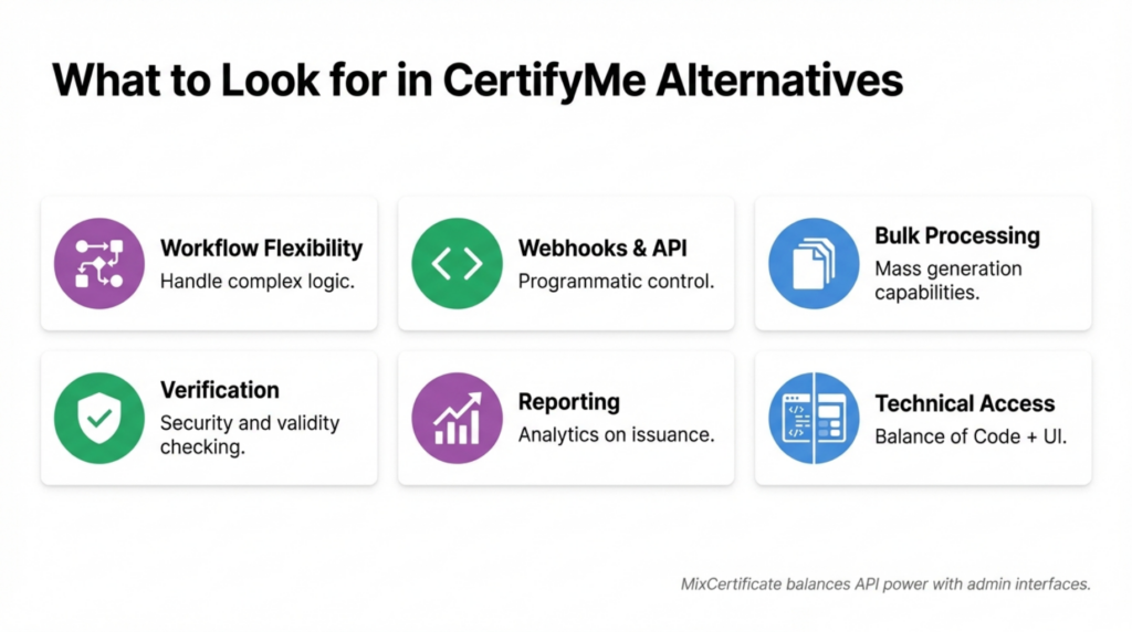 Visual highlighting CertifyMe limitations including pricing challenges, setup complexity, developer dependency, and restricted admin flexibility