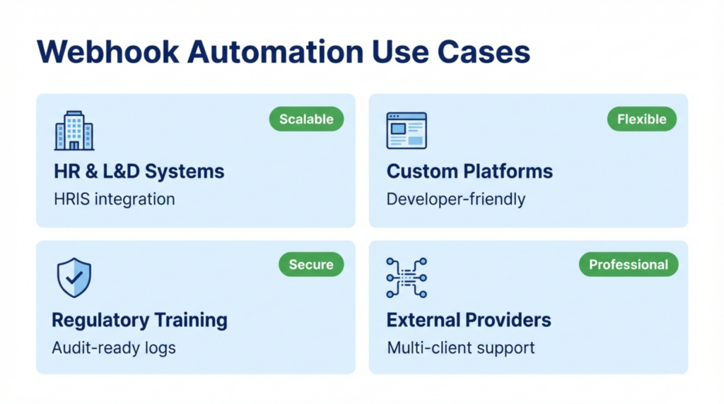 Certificate software with webhooks use cases for enterprise HR systems, custom LMS platforms, compliance training, and external training providers with real-time automation