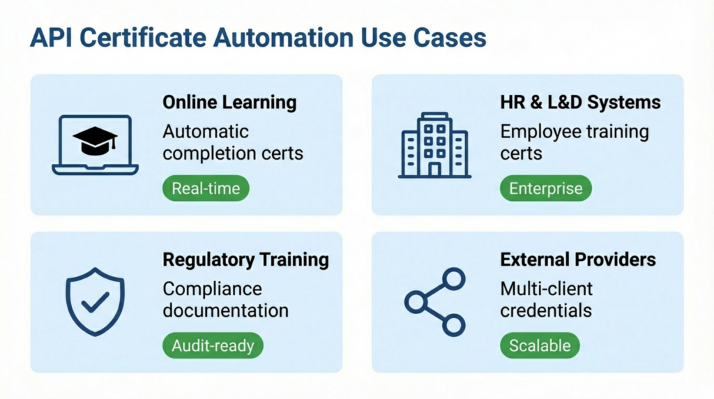 Visual overview of API-based certificate automation use cases for LMS platforms, corporate HR systems, compliance training, and external training providers.