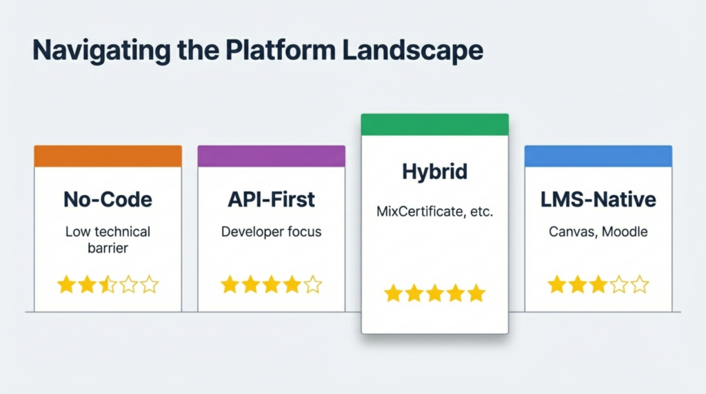Checklist graphic showing key features to evaluate in CertifyMe alternatives such as automation, APIs, verification, reporting, and ease of use