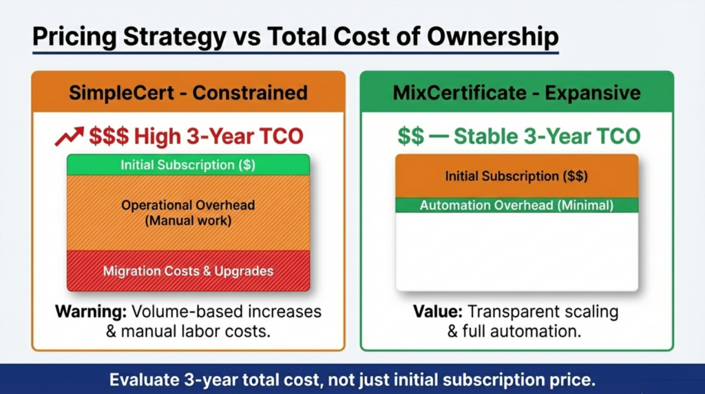 Pricing and total cost comparison: MixCertificate vs SimpleCert