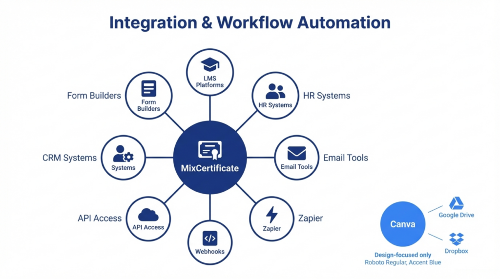 Integration ecosystem diagram showing Mixcertificate connections to LMS, HR systems, email tools, Zapier, webhooks, API, CRM, and form builders