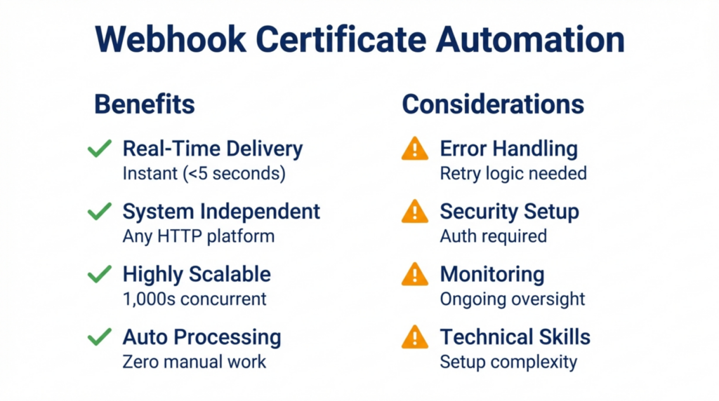 Certificate software with webhooks benefits including real-time delivery and scalability versus technical considerations like error handling and security authentication requirements