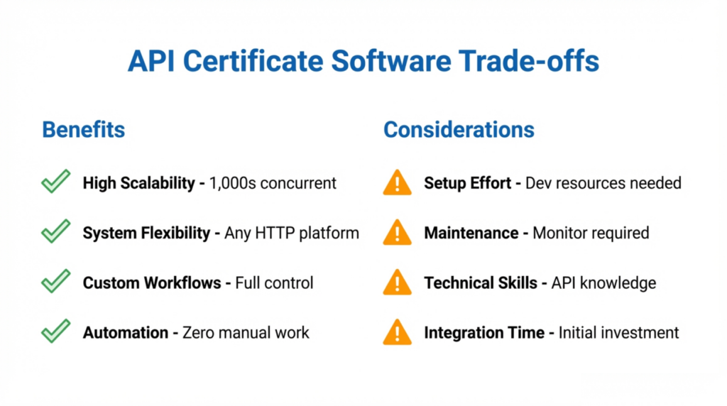 Split layout showing benefits such as scalability and automation alongside considerations like setup effort and technical maintenance for API-driven certificate software.