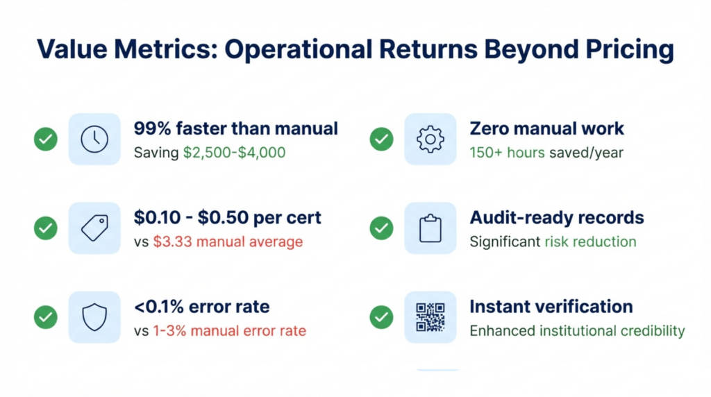 Certificate software value metrics showing 99% time savings, $0.10-$0.50 cost per certificate, error reduction below 0.1%, zero manual work, audit-ready compliance, and instant verification