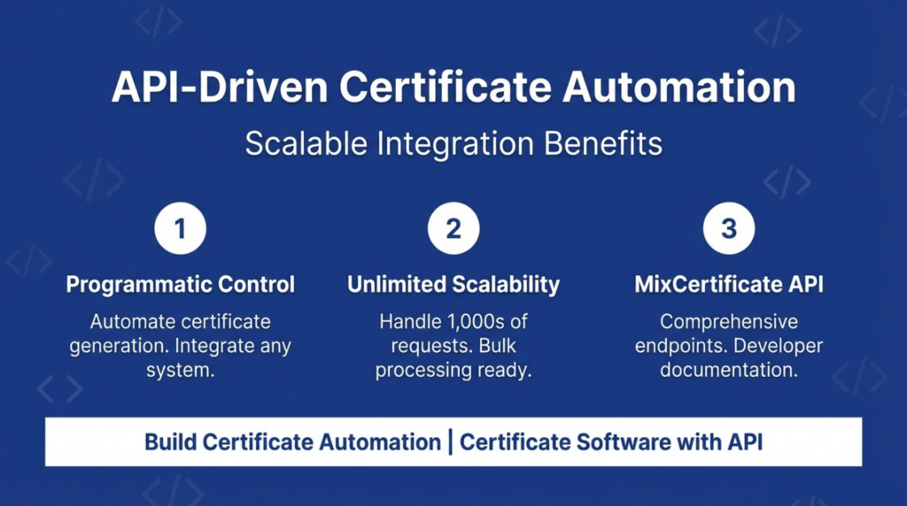 Summary illustration highlighting programmatic control, scalability, and API-based certificate automation benefits on a blue background with integration elements.
