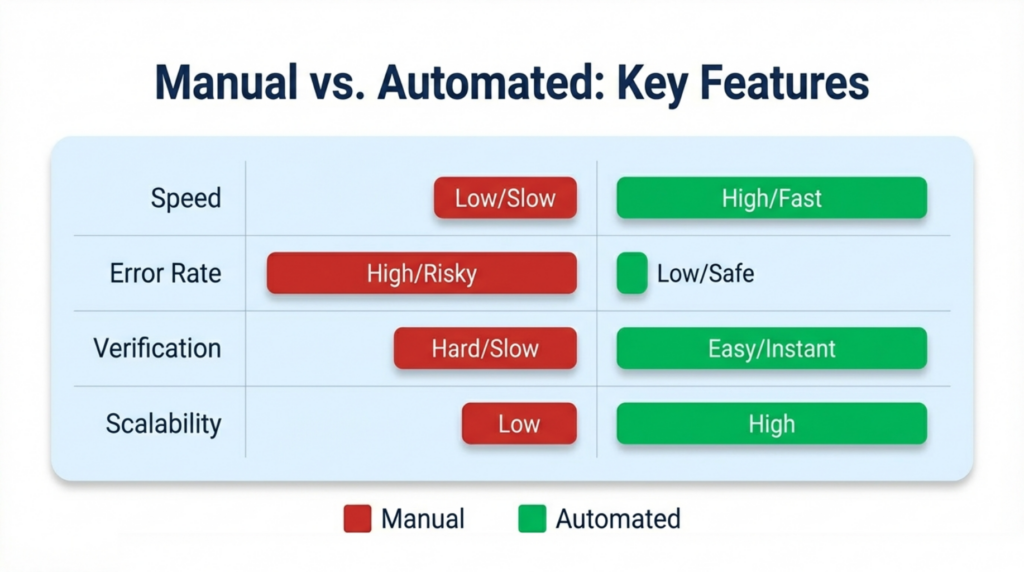 Event certificate software feature comparison showing manual versus automated workflows