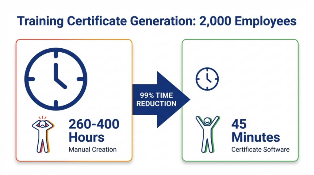 Time savings comparison showing manual certificate creation taking 65-100 hours versus automated online course certificate software taking 30 minutes for 500 students