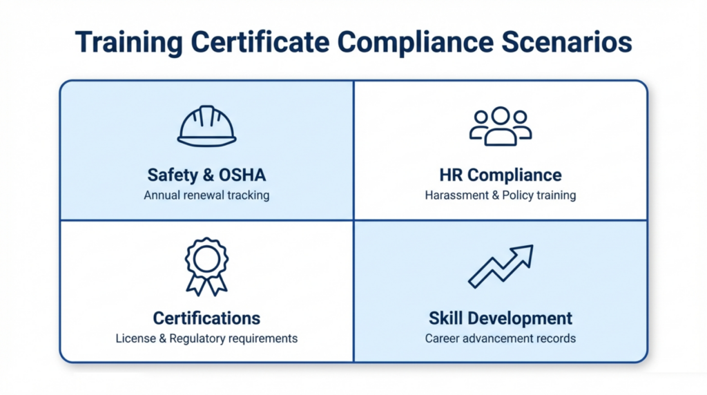 Certificate automation use cases for online courses showing cohort-based, self-paced, certification, and partnership training programs